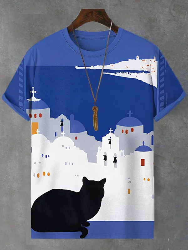 Men's Visit Greece Black Cat Print Casual T-Shirt