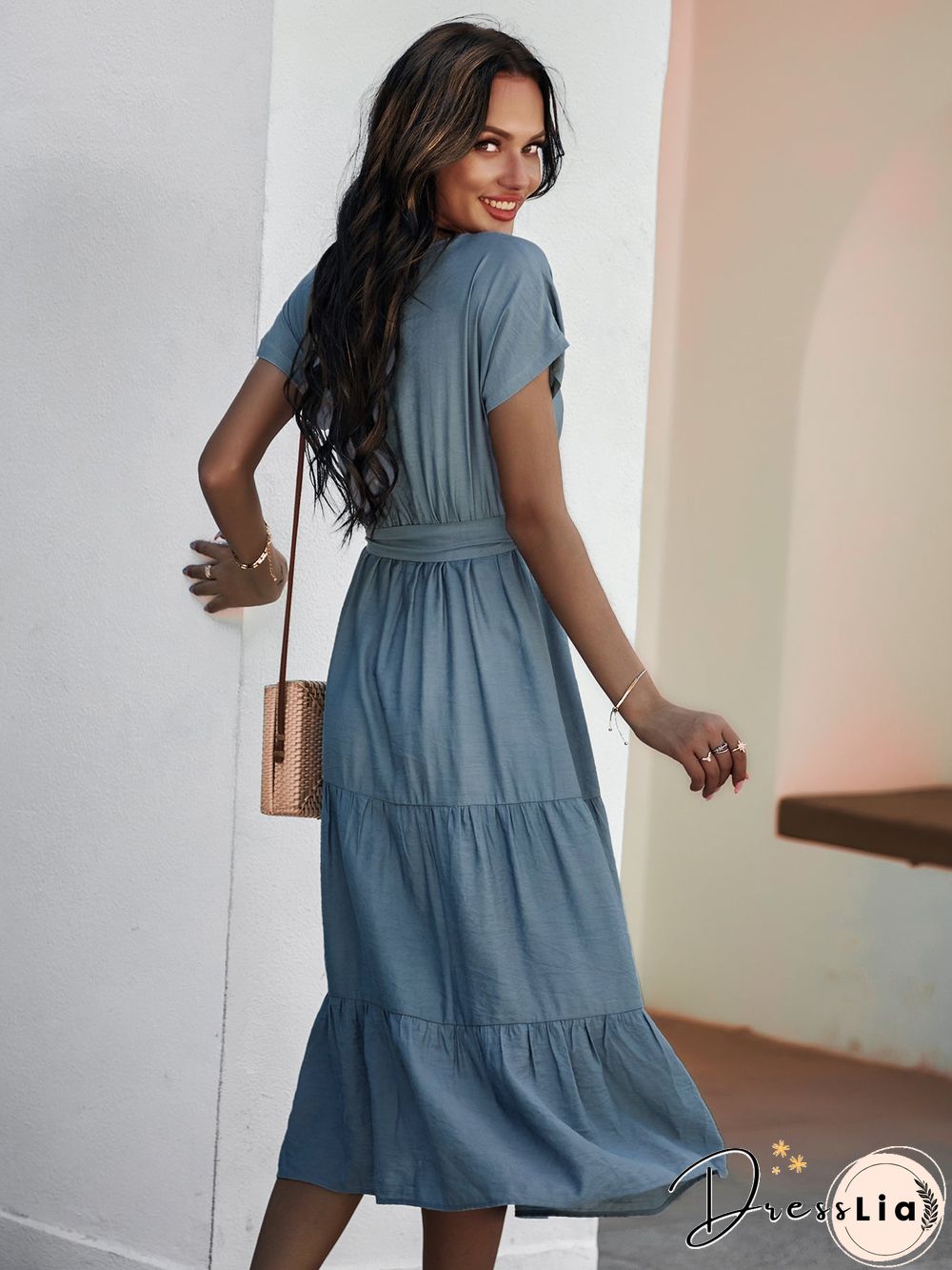 Short Sleeve Round Neck Wrap Tie Waist Maxi Dress