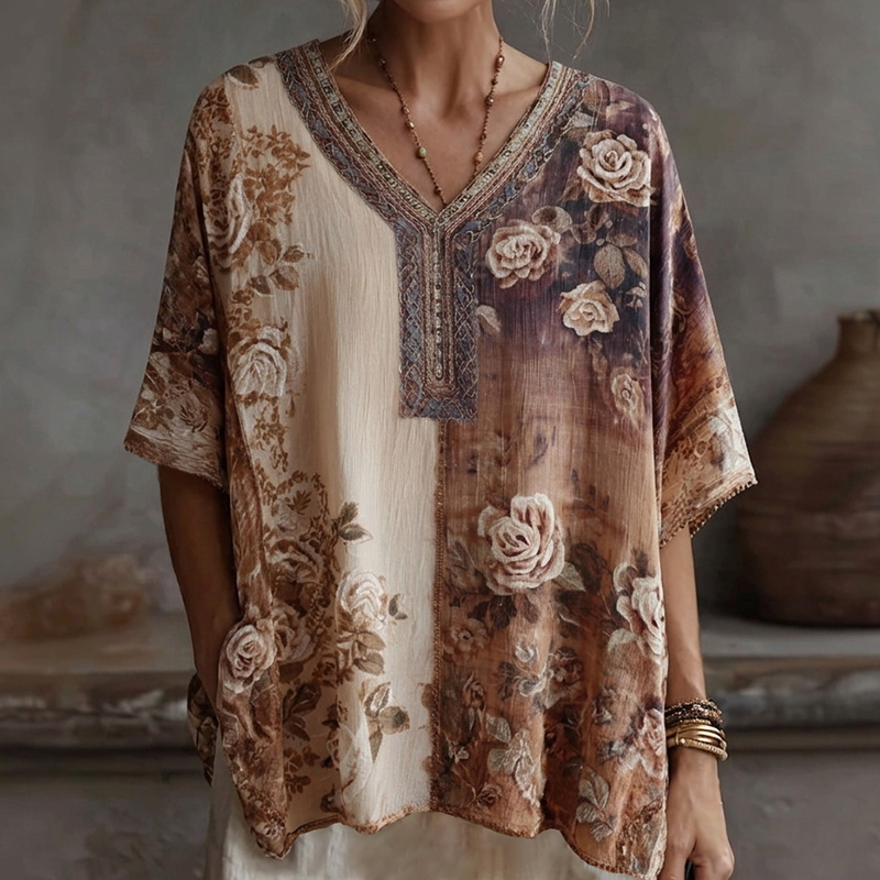 Women's Vintage Rose Art Print Linen Blend V-neck T-shirt elevenforest