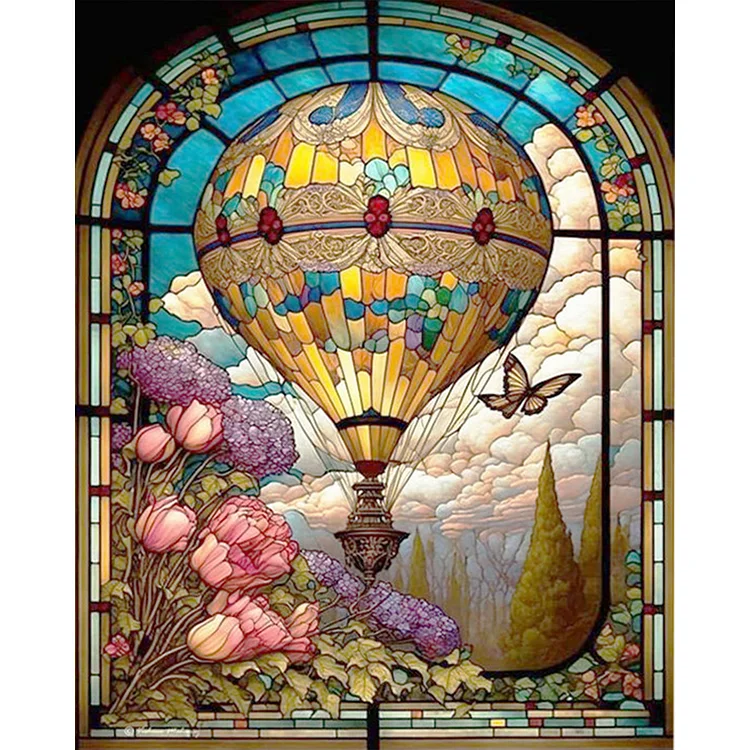 5D Stained Glass hot air Balloon with Butterfly Diamond Painting