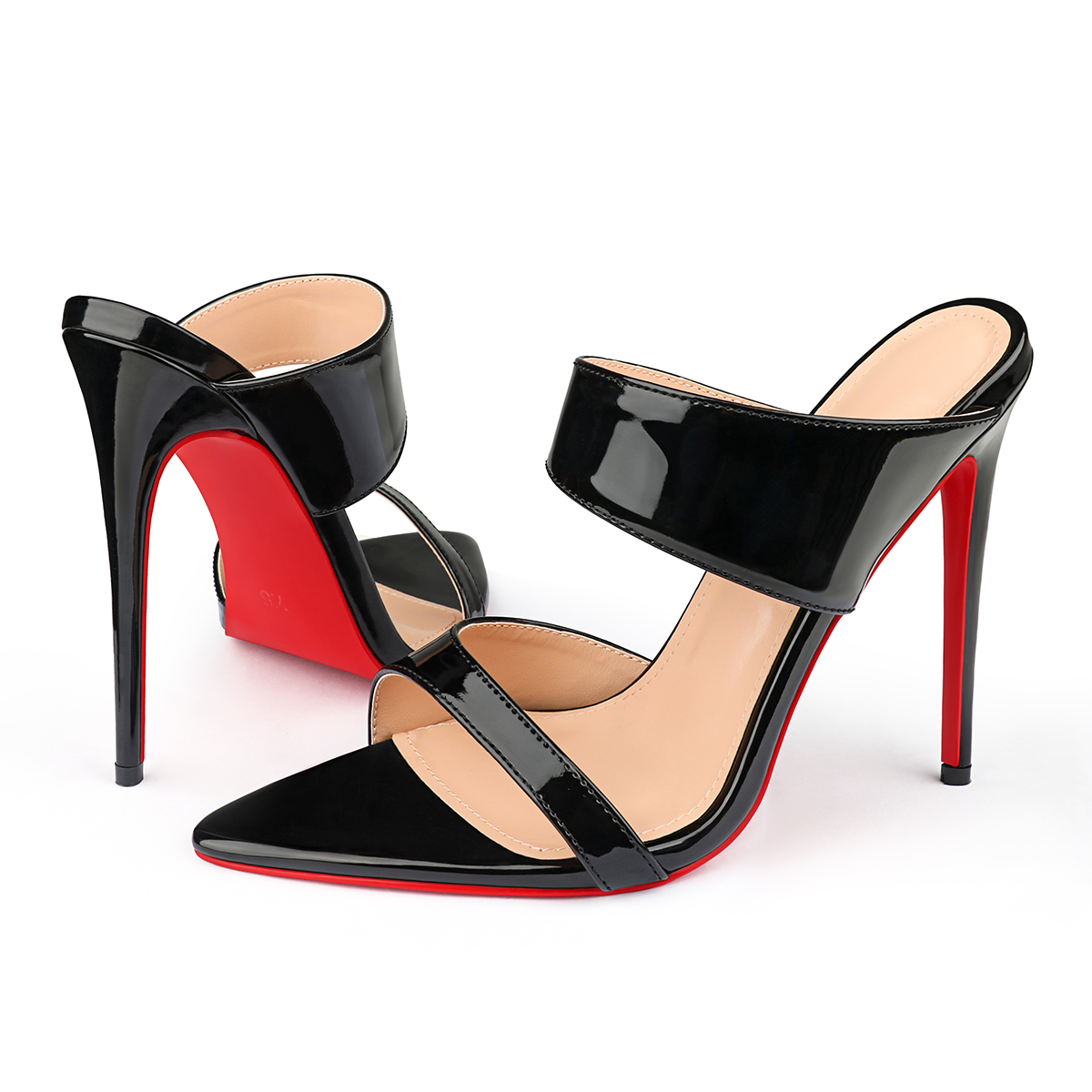 120mm Women's Sandals Pointed Toe Mules Heels Slip on Red Bottom Stilettos Irregular Strap Sandals -MERUMOTE