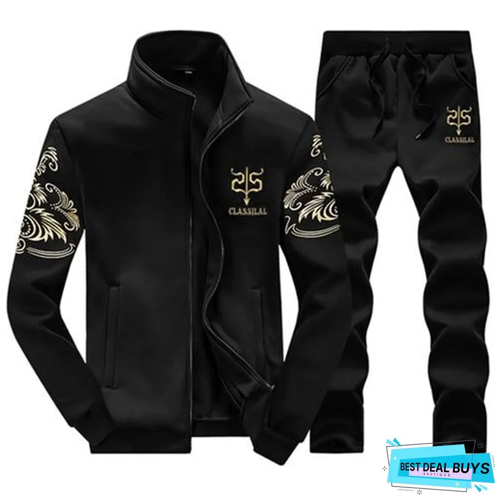 Men Fleece Warm Printed Coat Hooded Pullover Hoodie Sweatshirts Sweatpants Suit