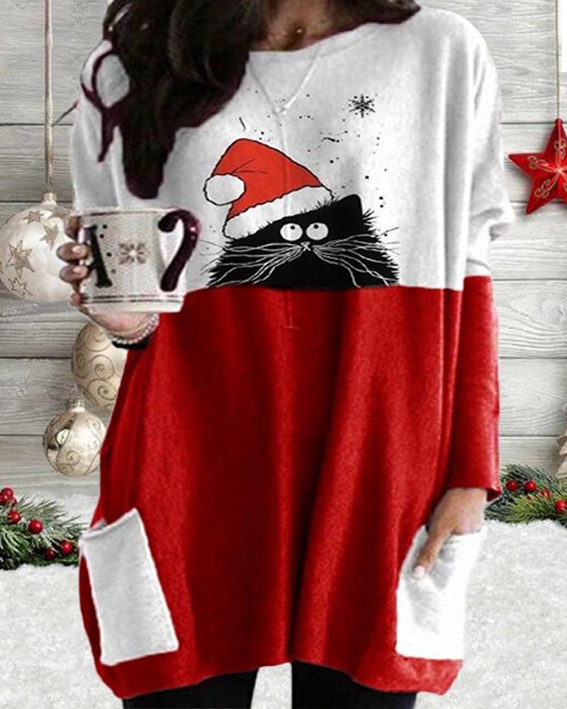 Fashion Soft Christmas Cat Print Top