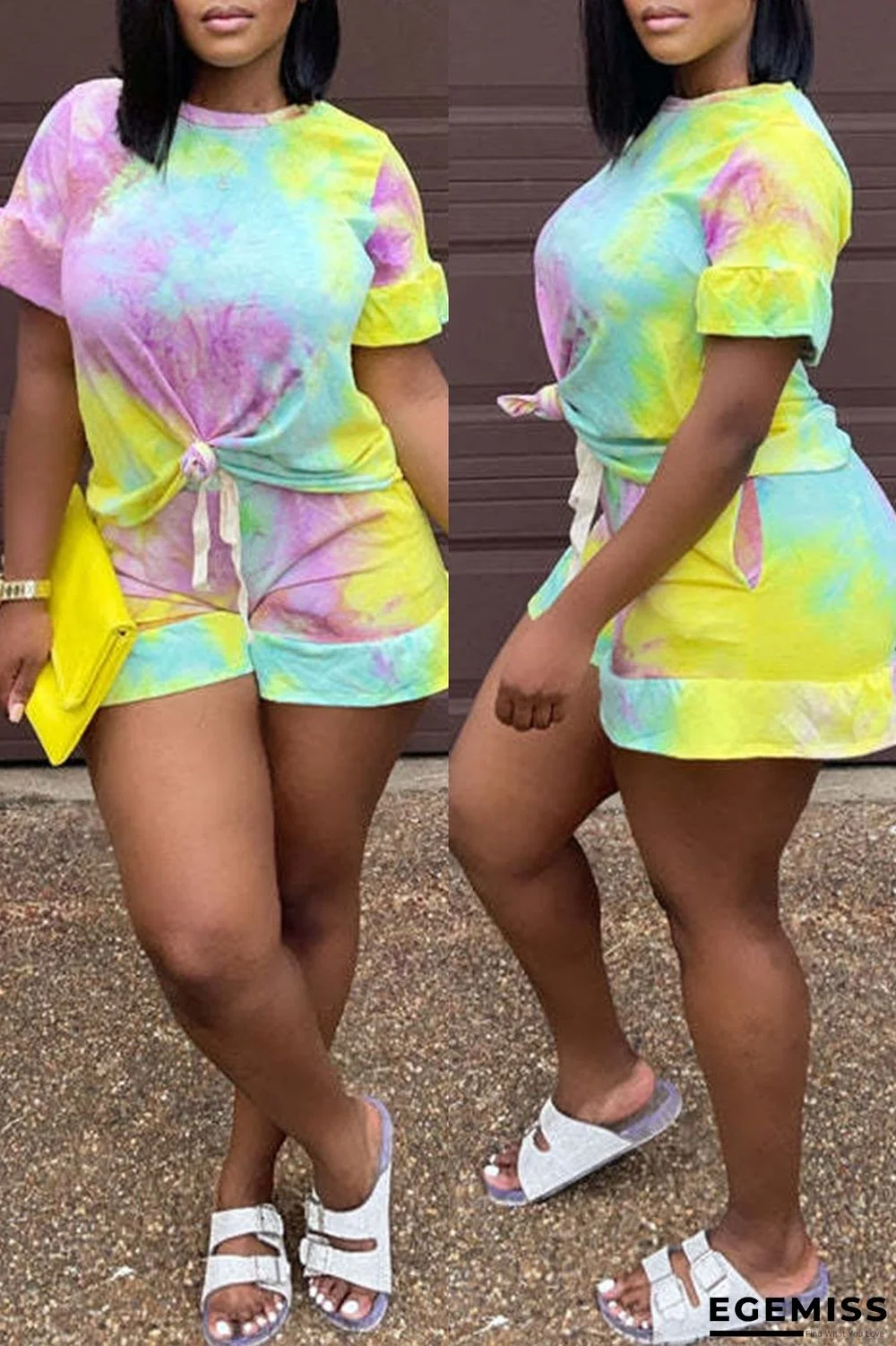 Colour Fashion Casual Print Tie-dye O Neck Short Sleeve Two Pieces | EGEMISS