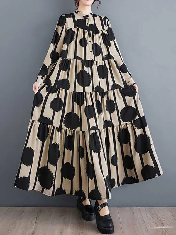 Split-Joint Polka-Dot Pleated Buttoned Loose Long Sleeves Stand Collar Shirt Dress Maxi Dresses