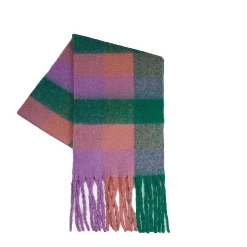 Rainbow Plaid Tassel Scarf For Women Autumn And Winter Famous Color Matching Cashmere Mohair Shawl Thickened Scarf