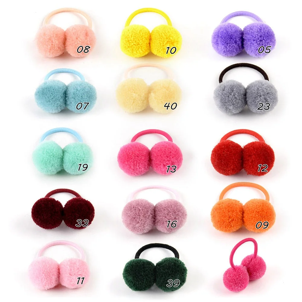 14pcs/lot 1.4" Small Solid Double Fur Ball With Elastic Rope Handmade Hair Band For Kids Girls Hair Accessories