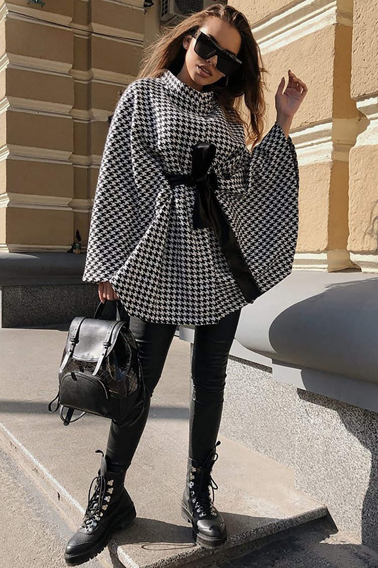 Crochet Houndstooth Bat Wing Knotted Higher Neckline Coat