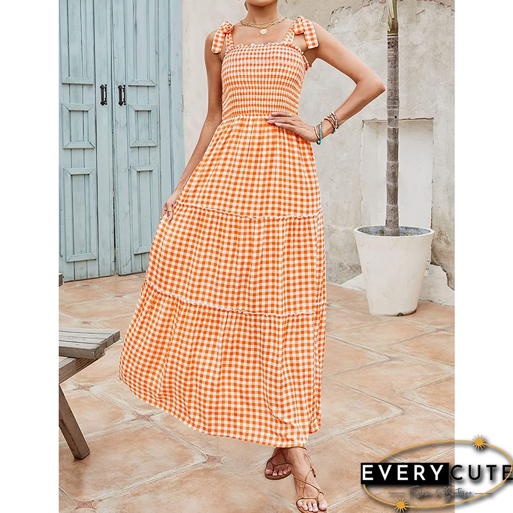 Orange Smocked Bohemia Plaid Print Tiered Maxi Dress
