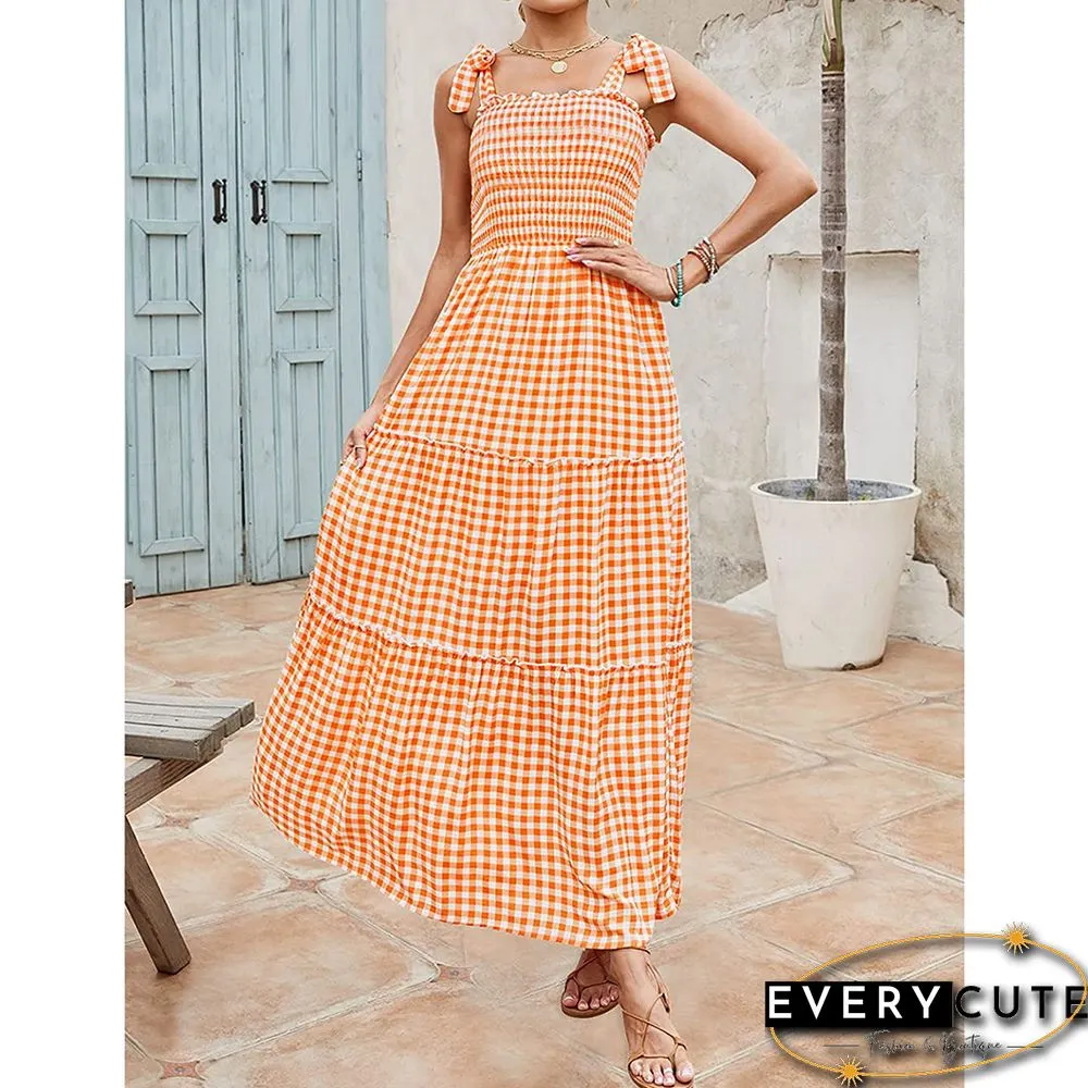 Orange Smocked Bohemia Plaid Print Tiered Maxi Dress