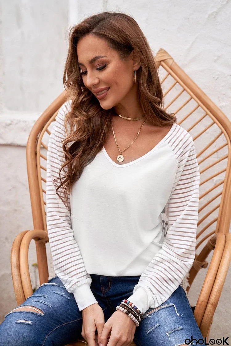 Sheer Striped V-Neck Top