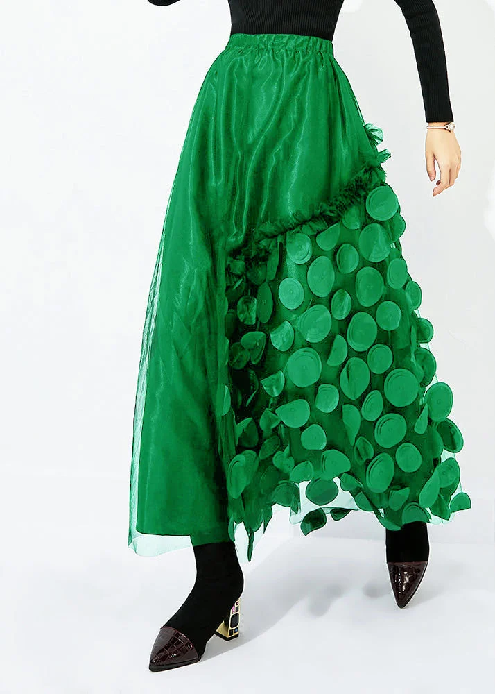 French Green Elastic Waist Patchwork Dot Tulle Vacation Skirts Spring