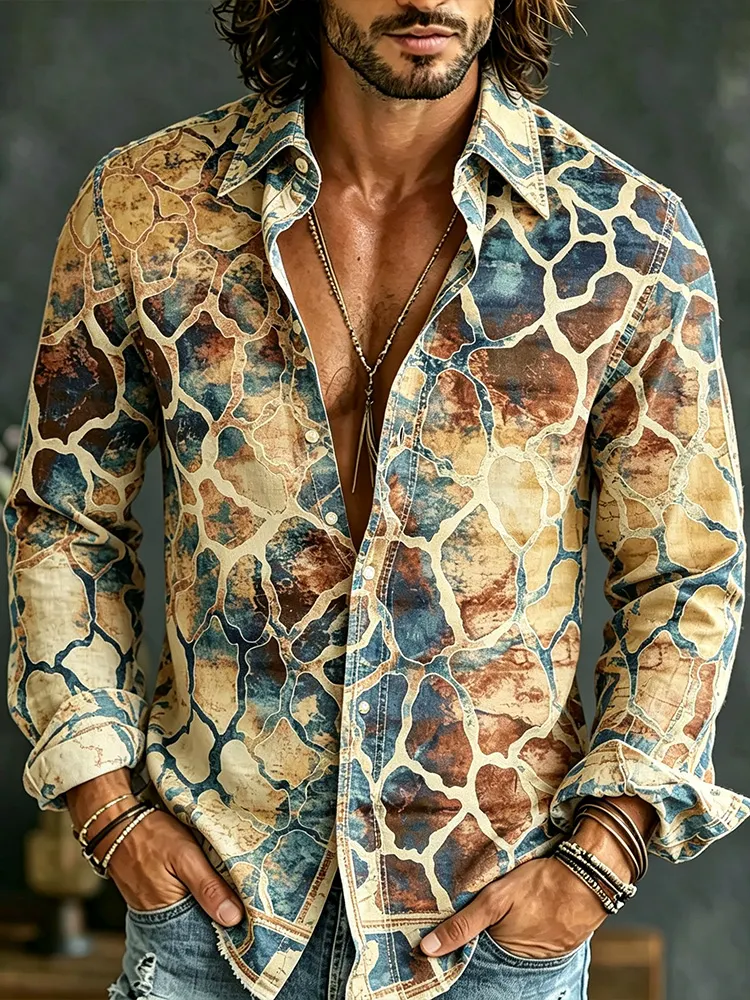 Men's Vintage Geometric Art Gradient Cotton Linen Long-sleeved Top