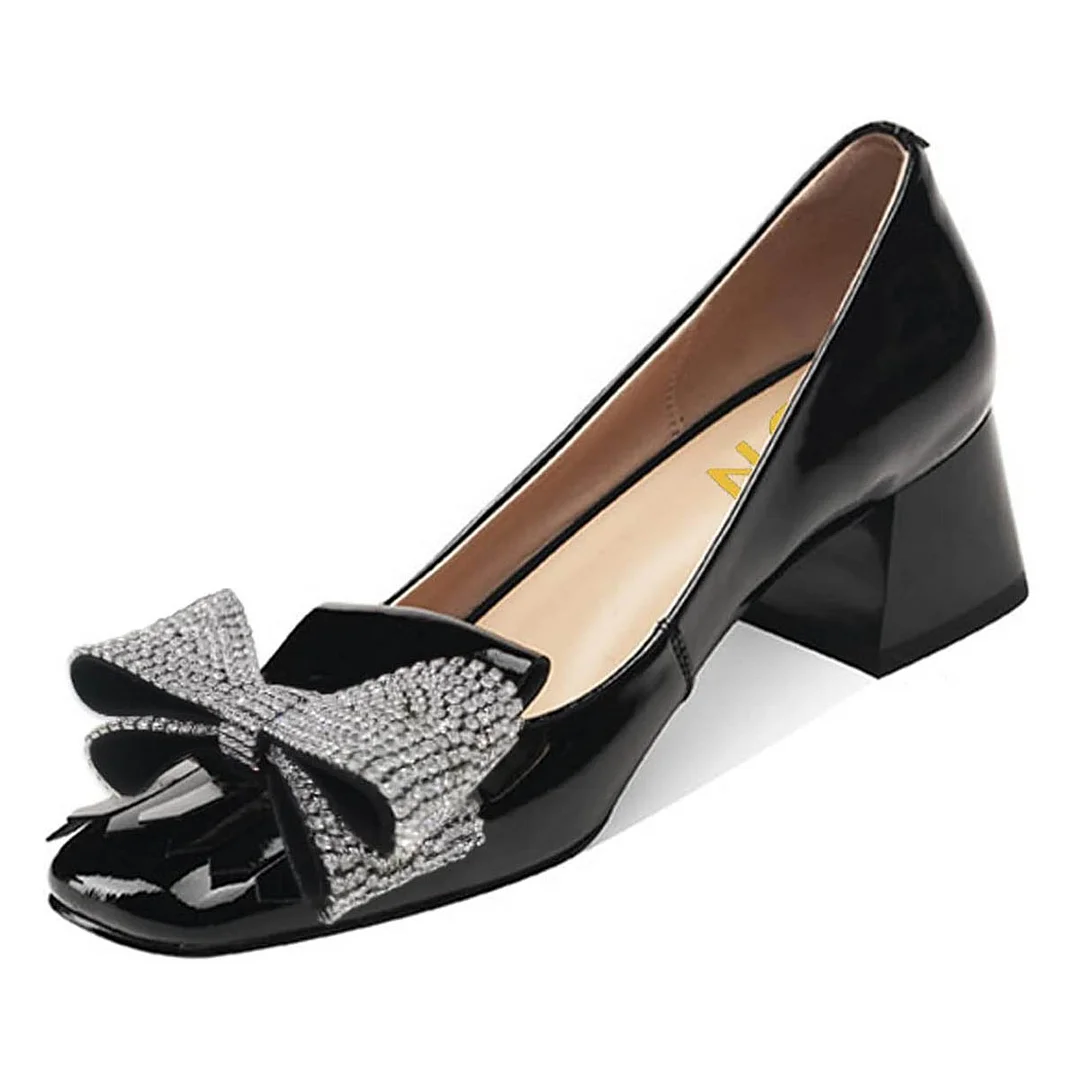 Rhinestone Bow Square Toe Chunky Heel Fringe Black Pumps for Women