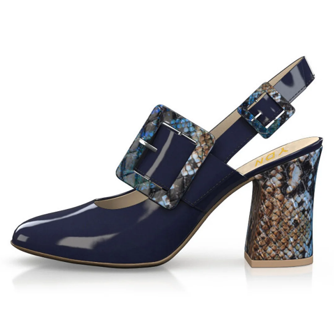 Navy Patent Leather Round Toe Buckle Snakeskin Pumps for Women