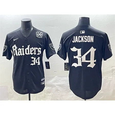 Men's Las Vegas Raiders #34 Bo Jackson Black "Gothic Sin City Shadows Edition" With 65th Anniversary Patch Vapor Limited Stitched Baseball Jersey