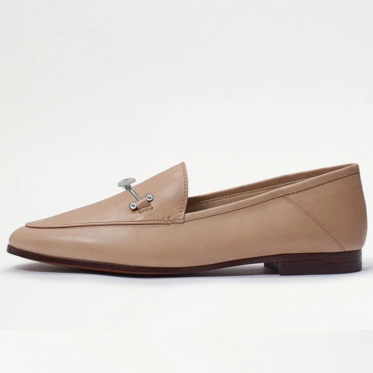 Nude Rhinestone Decor Comfort Flat Leather Loafers Vdcoo