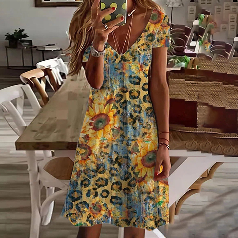 Printed V-Neck Short Sleeve Mini Dress wearshes