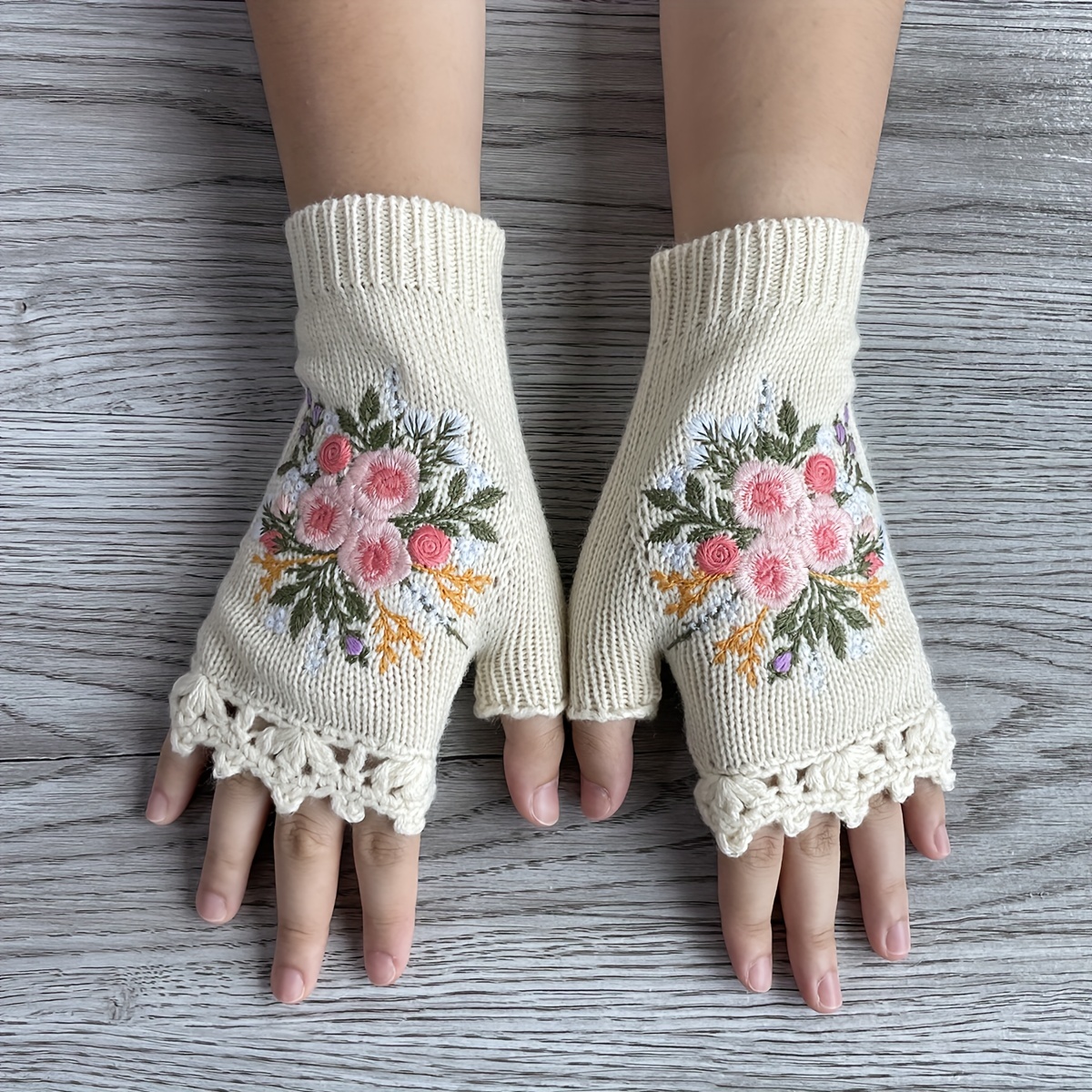 Embroidery Floral Knitted Gloves Retro Handmade Hook Edge Half Finger Touchscreen Gloves Autumn Winter Women's Warm Gloves