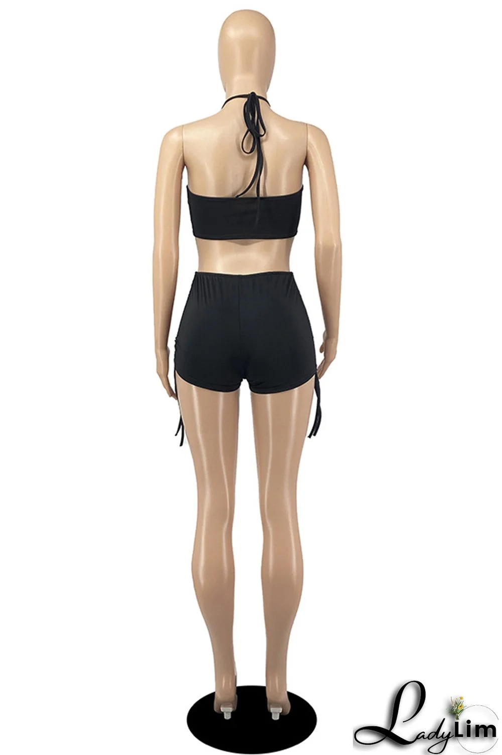 Black Fashion Sexy Solid Bandage Backless Halter Sleeveless Two Pieces