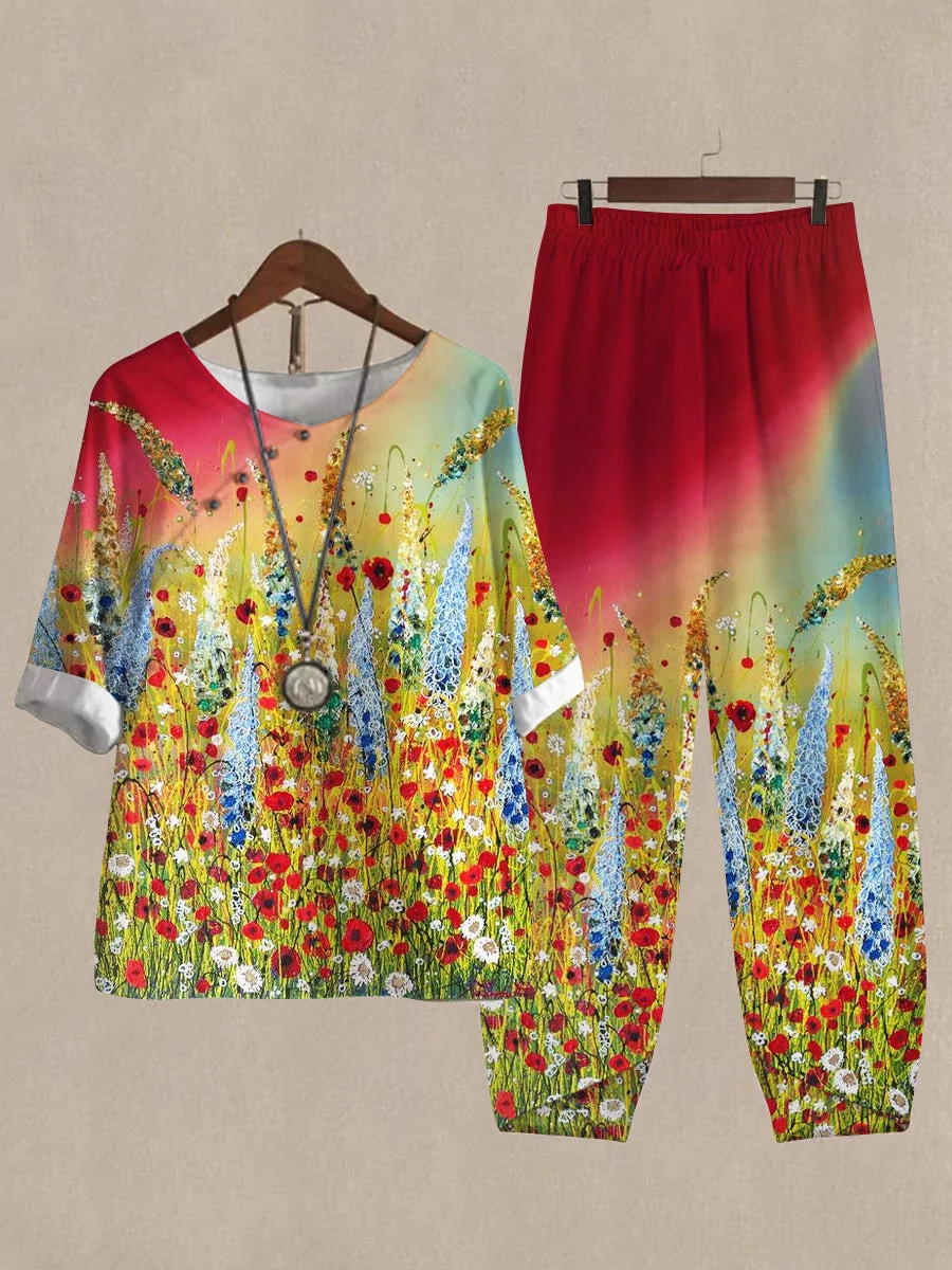Linen Casual Women's Garden Print Two Pieces Set