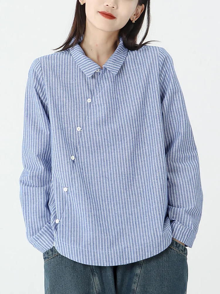 Plus Size - Cotton Linen Stripes Long Sleeve Shirt