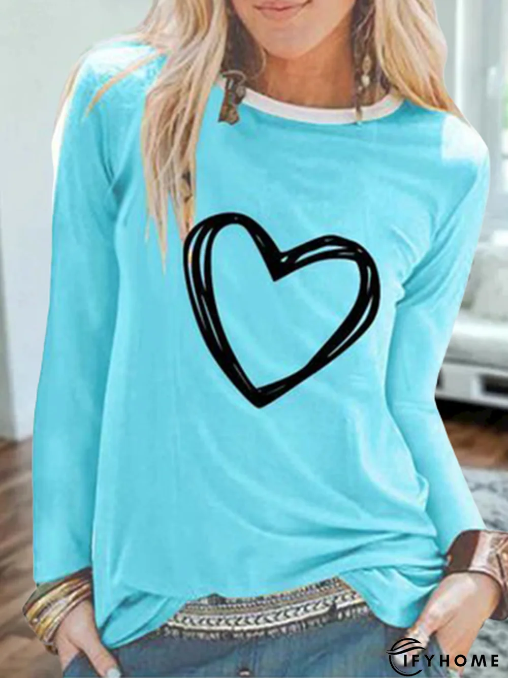 Printed Long Sleeve Round Neck Tunic T-Shirt | IFYHOME