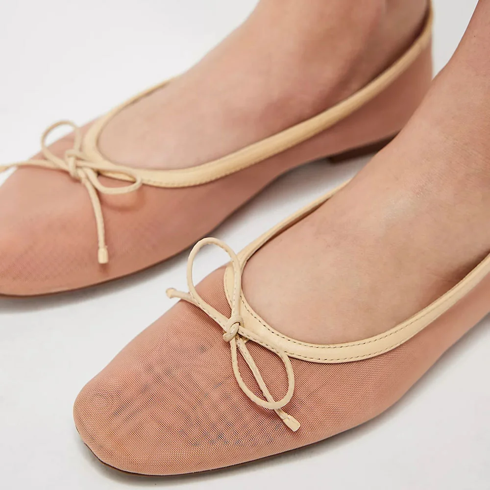 Comfortable Nude Mesh Bow Accent Square Toe Flat Shoes Women