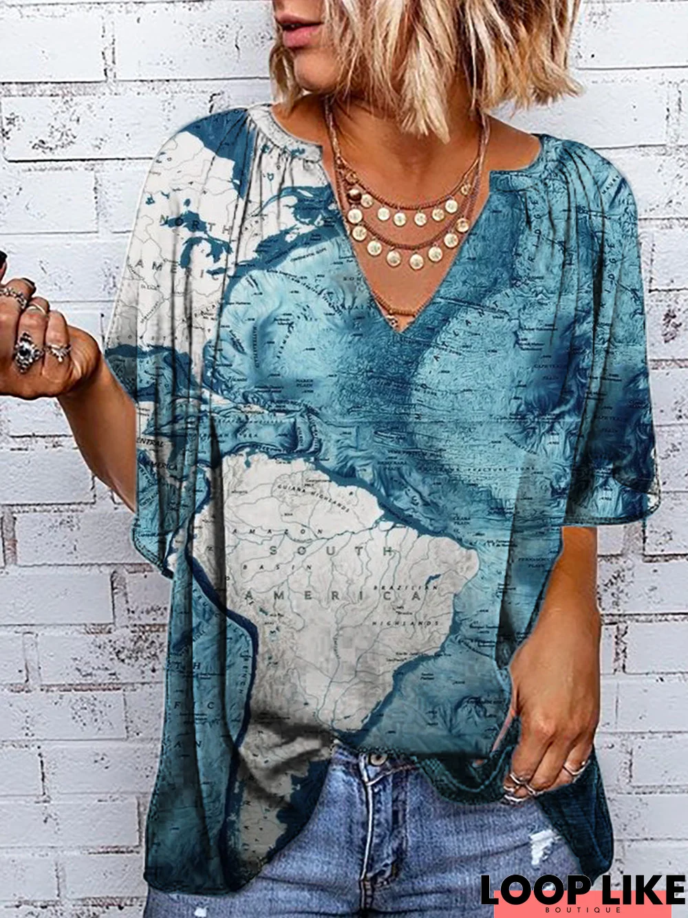 Plus size Short Sleeve Holiday Printed Tops