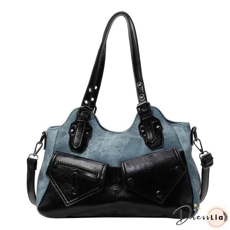 Cross-Border Retro HOT and NEW Large Capacity Shoulder Bag New Crossbody Bag Stitching Women's Bag Simple Soft Leather Tote