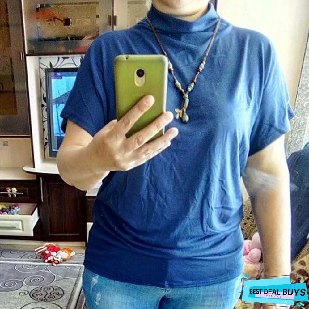 Women Casual Short Batwing Sleeve Loose Tops Solid Black Gray Turtleneck Tee T-Shirts
