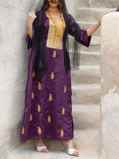 Simple Embroidery Square Collar Patchwork Kaftan with Veil
