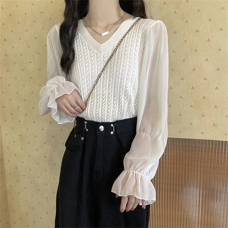 Mongw Mongw Temperament Spliced Chiffon Sleeve Long-Sleeved Top Women's Spring And Autumn New Design Sense Slimming Knitwear