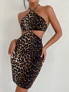 Stylish Leopard Hollow Halterneck Wrap Mini Dress