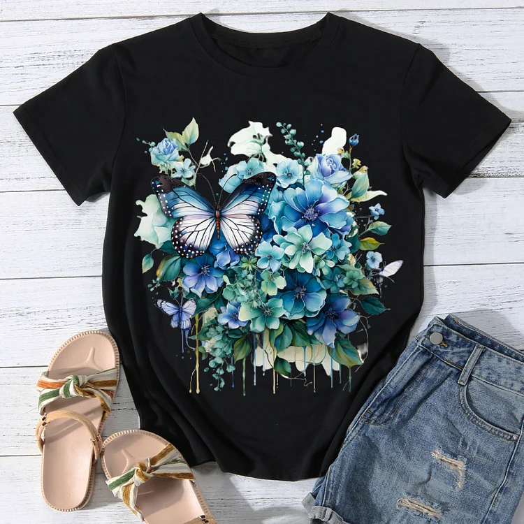 Puzzling Blossom Butterfly  Women Round Neck T-shirt BSTCA0006