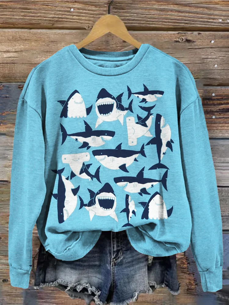 Ocean Sharks Pattern Crew Neck Comfy Sweatshirt