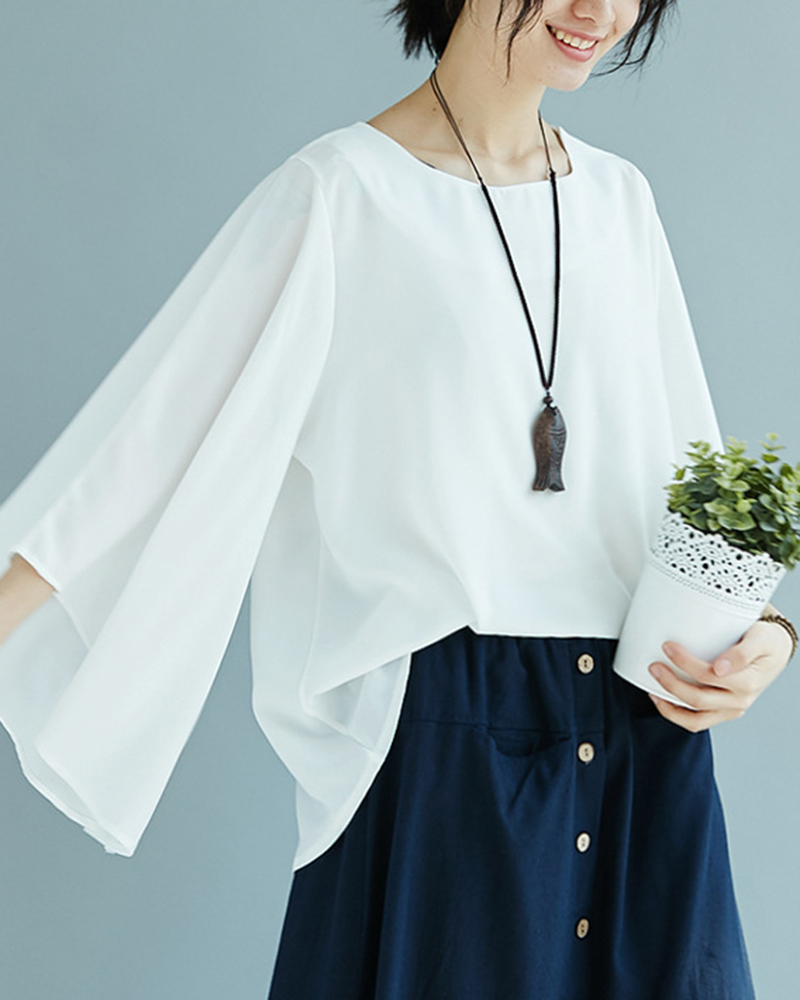 Square Neckline Oversized Flared Sleeve Solid Color Top