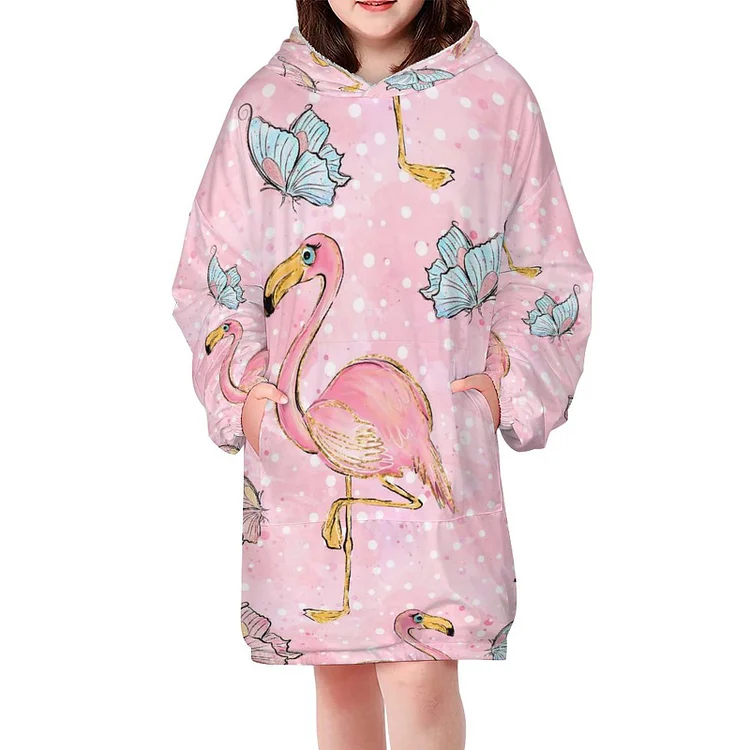 Yellow Pink Tropic Flamingo Butterfly World Boys and Girls Oversized Sherpa Hooded Blanket Winter Sweatshirt TV-Blanket - Heather Prints Shirts