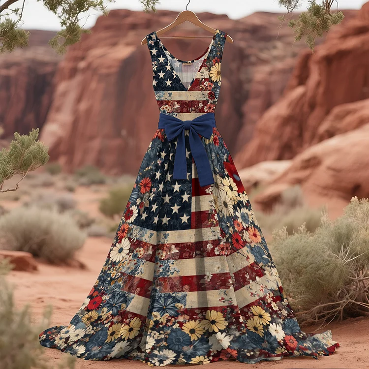 Women's Vintage Independence Day Flag Flower Print V Neck Midi Dress