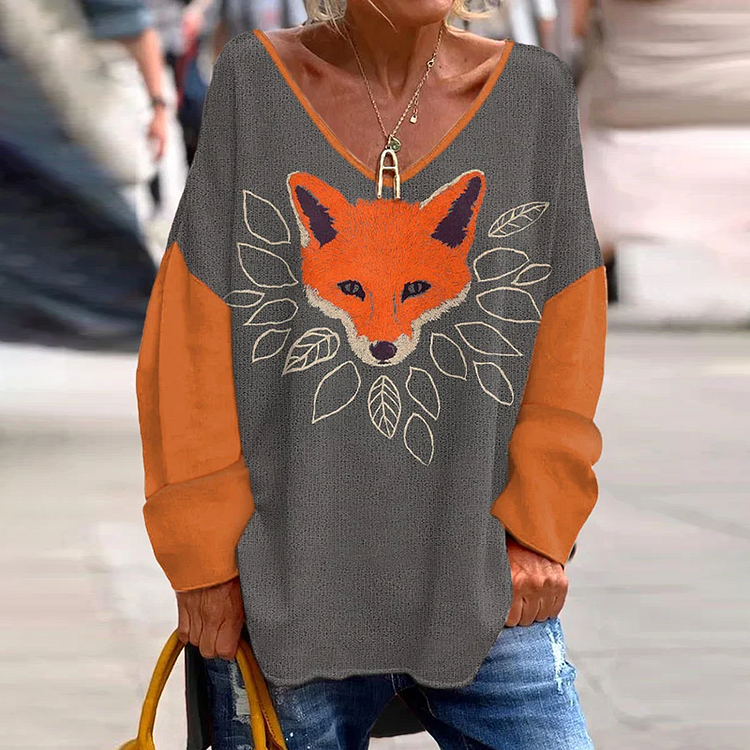 Women's Vintage Fox Printed Long Sleeve Loose T-Shirt