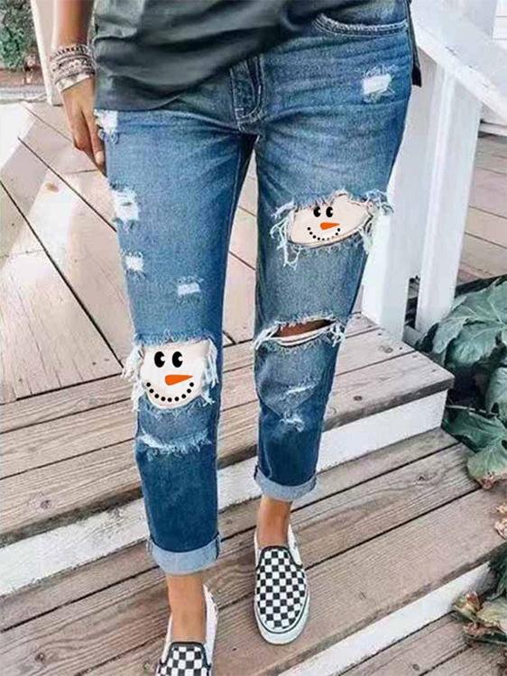 Women's Jeans Snowman Print Ripped Skinny Jeans