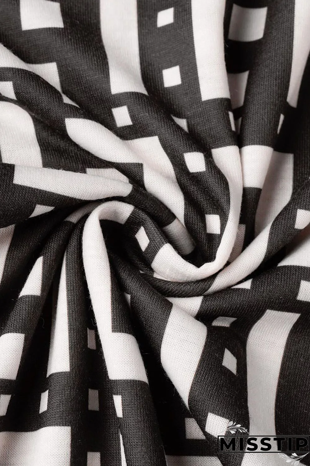 Black And White Casual Print Patchwork Slit Oblique Collar Short Sleeve Two Pieces