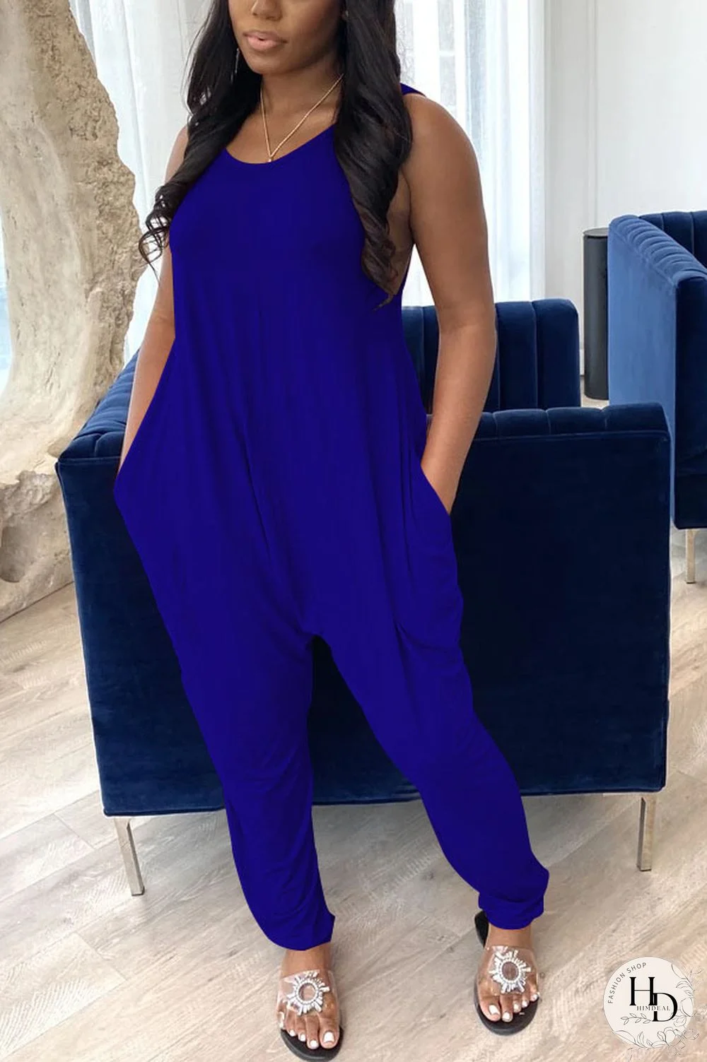 Blue Casual Pocket Solid Cotton Blend Sleeveless Jumpsuits