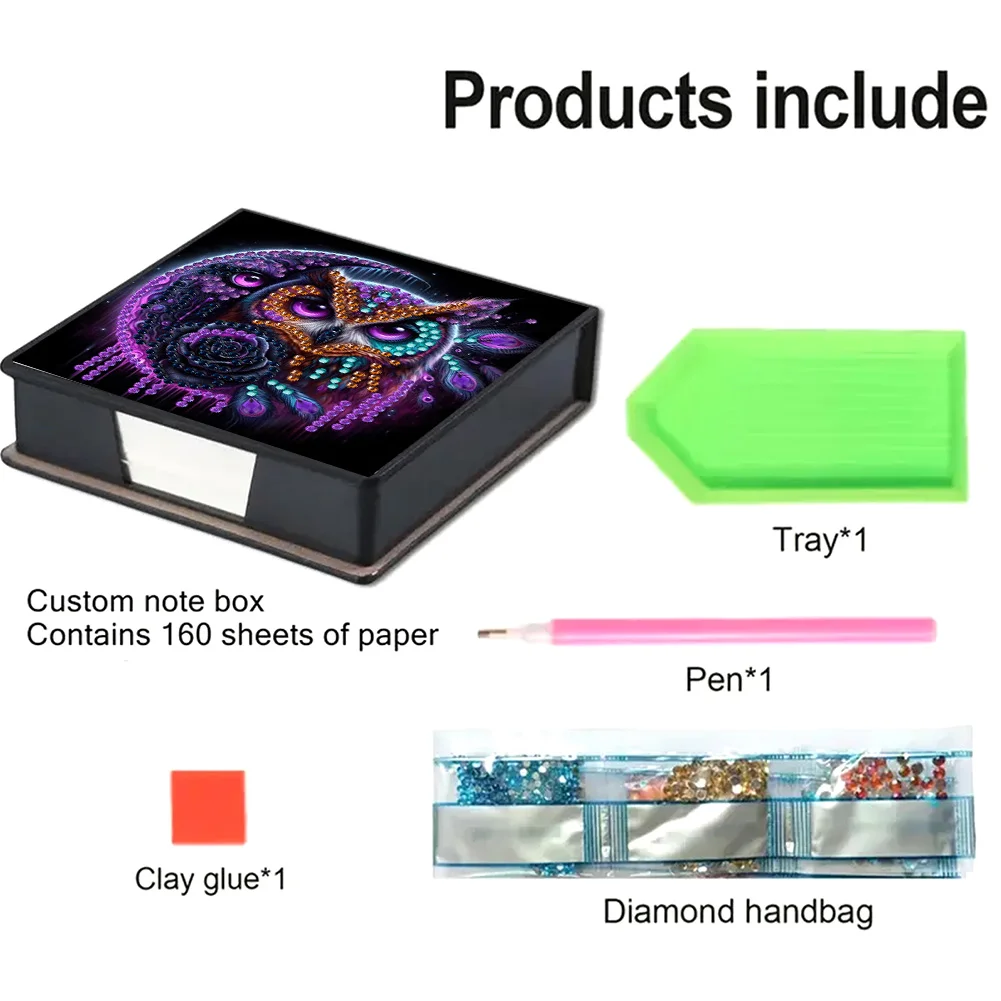 PU 5D Diamond Painting Kit Note Box DIY Diamond Art Notepad Box (Moon Owl)