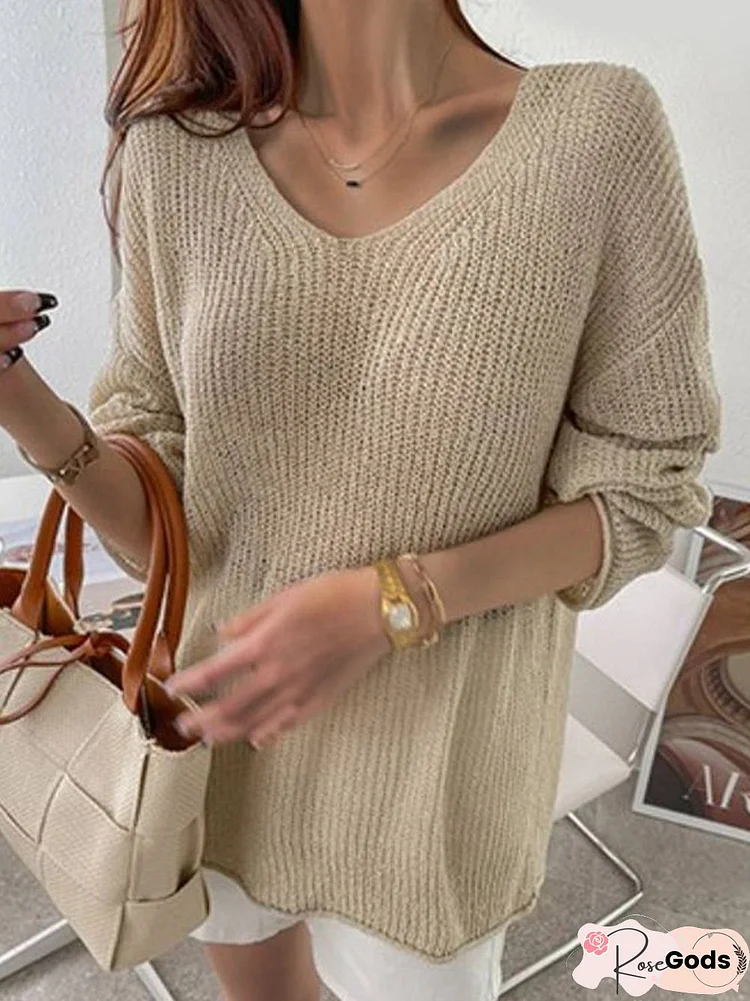 Women Casual Plain Autumn V Neck Daily Pullover Wool/Knitting Regular Size Sweater