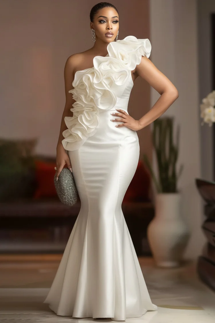 Xpluswear Design Plus Size Wedding White One Shoulder Ruffle Elegant Bodycon Satin Maxi Dresses [Pre-Order]