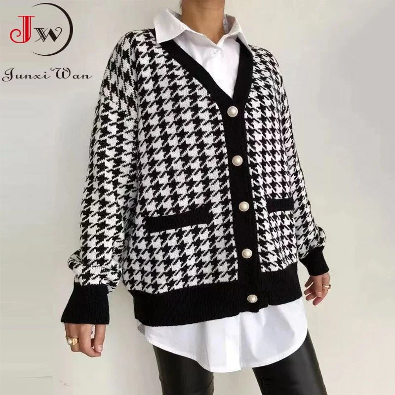 Fashion Houndstooth Women Cardigan Autumn Winter Elegant Knitted Sweater Black Long Sleeve Loose Single Breasted Outerwear