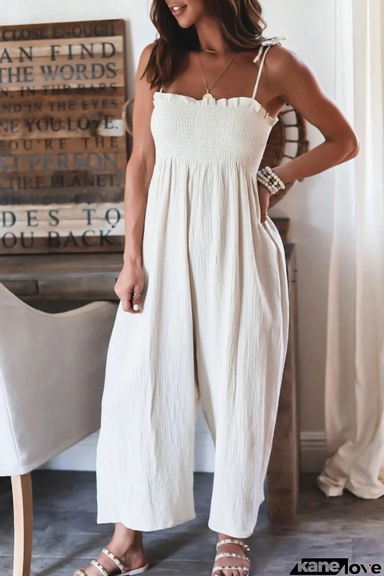 Elegant Solid Frenulum Solid Color Spaghetti Strap Loose Jumpsuits