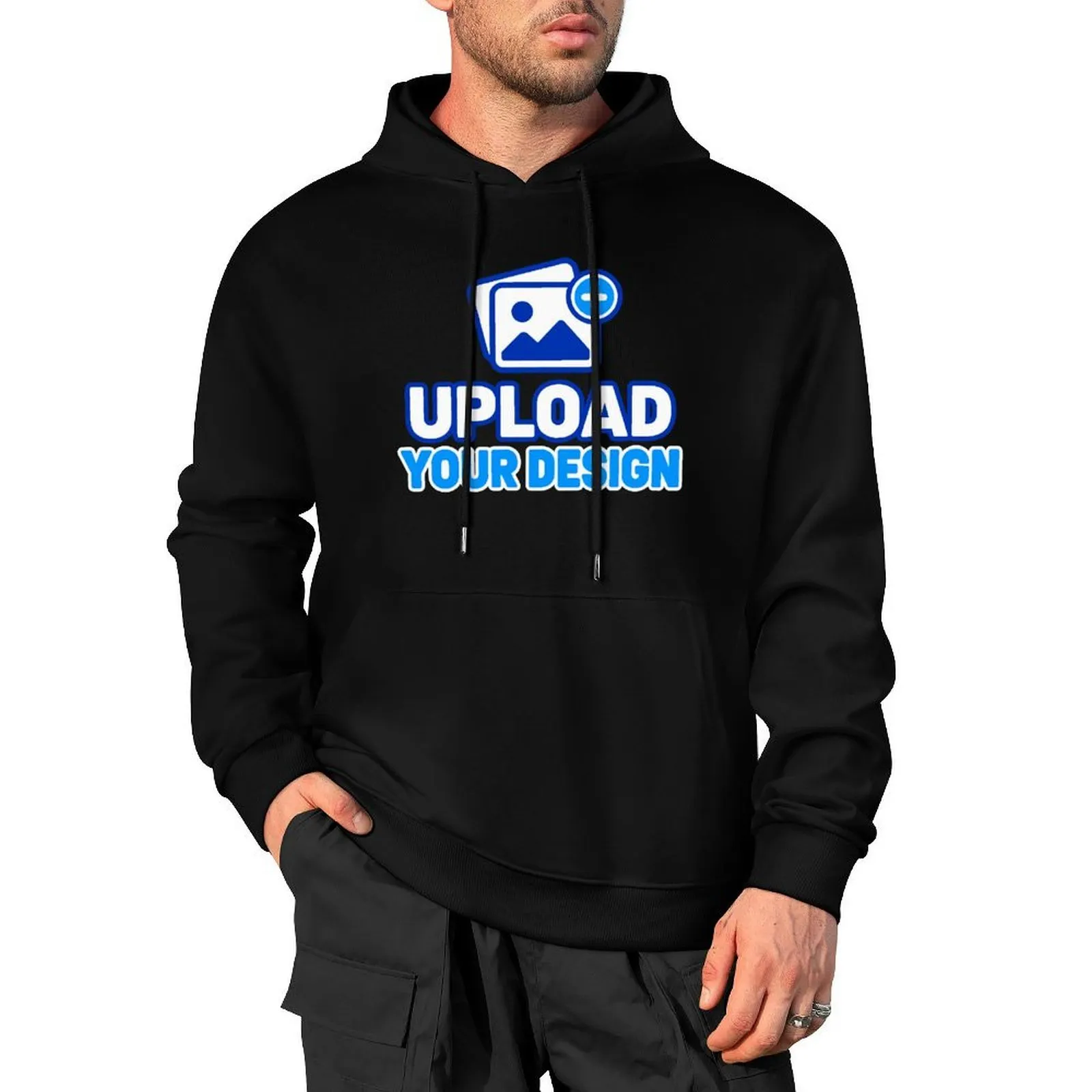 Model wearing a black unisex pullover hoodie with front design upload placeholder