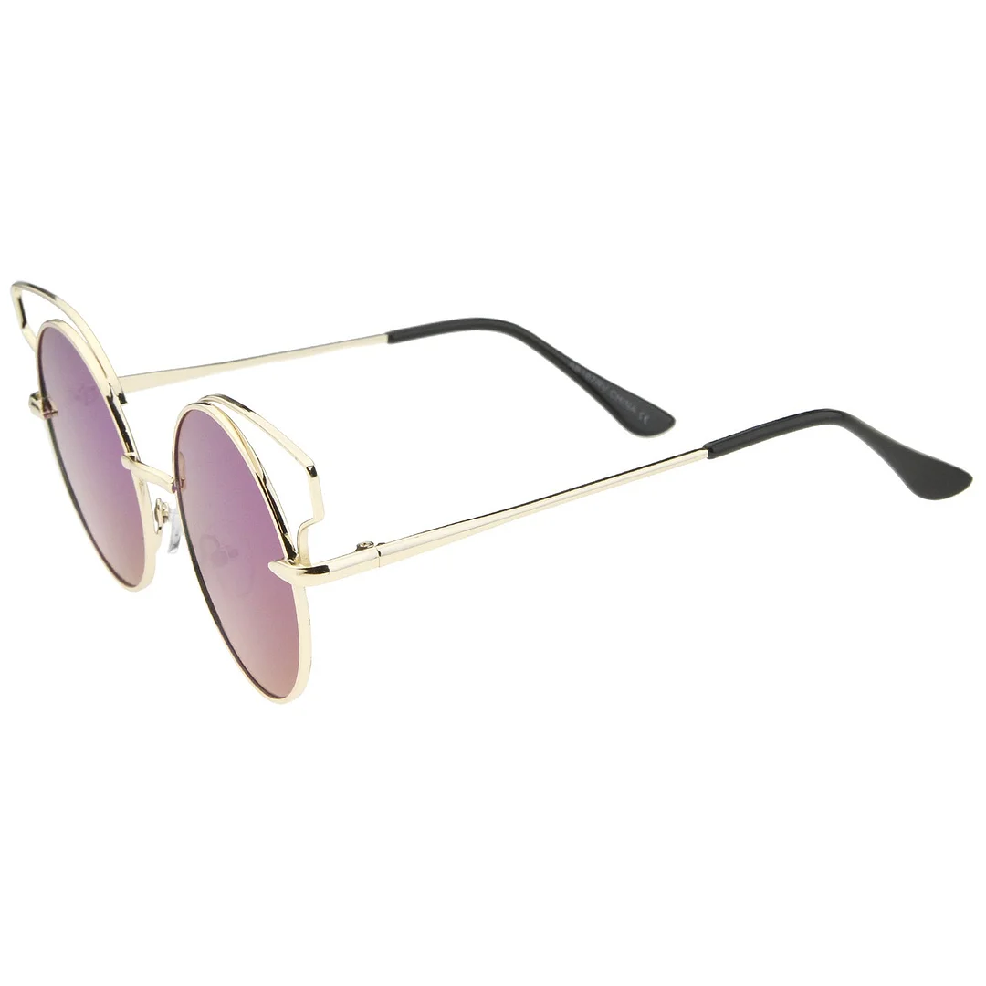 Women's Wire Open Metal Frame Color Mirror Flat Lens Round Cat Eye glasses 52mm